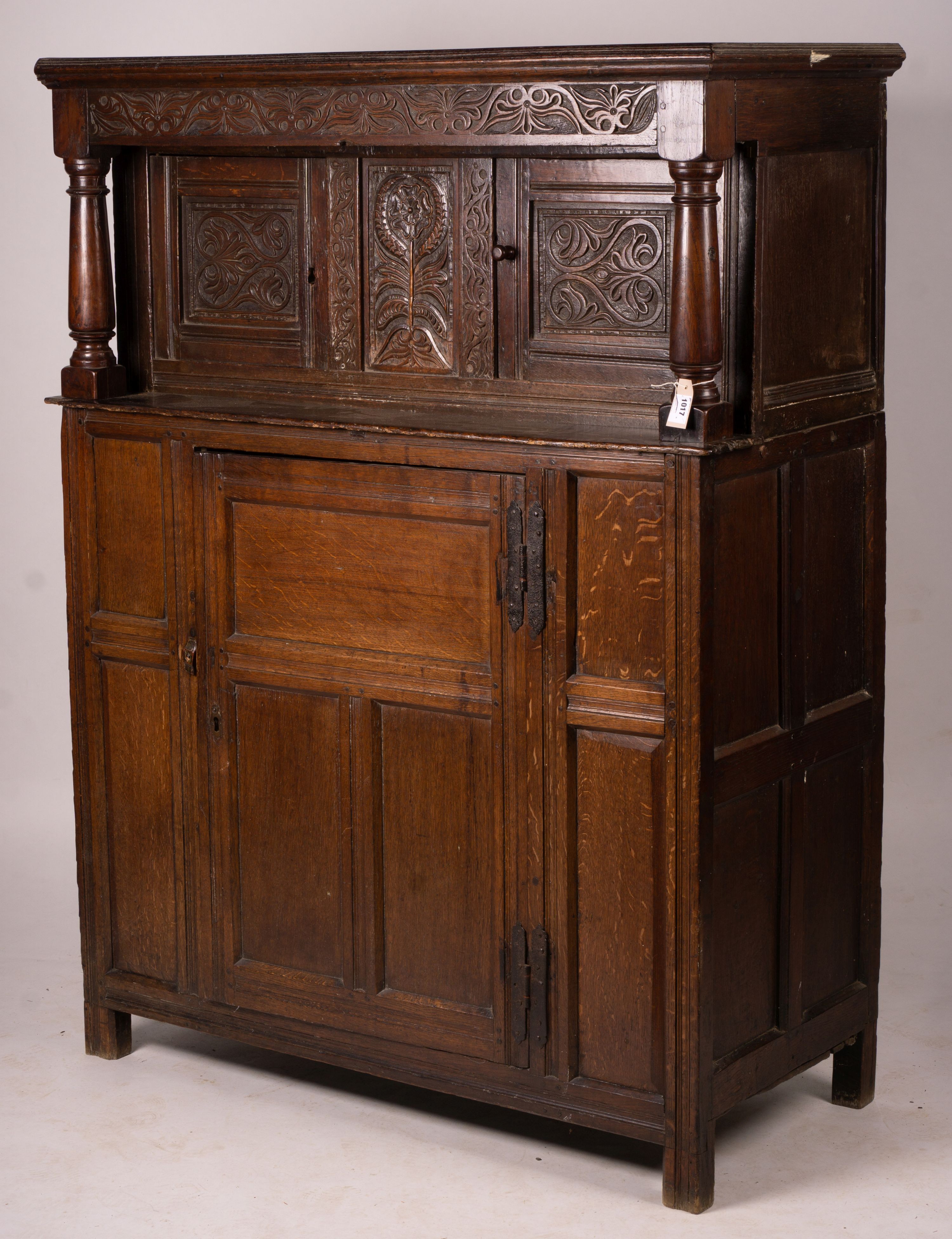 An early 18th century oak court cupboard, width 128cm, depth 59cm, height 172cm